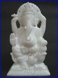 9 Inches Office Decor Sculpture Intricate Work White Marble Lord Ganesha Statue