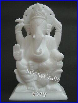 9 Inches Office Decor Sculpture Intricate Work White Marble Lord Ganesha Statue