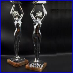 ART DECO Original 1930s Pair of French Limousin Chrome NUDE LADY FIGURES