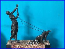 Antique Art Deco Bronze Sculpture Lady With Two Borzoi Dogs