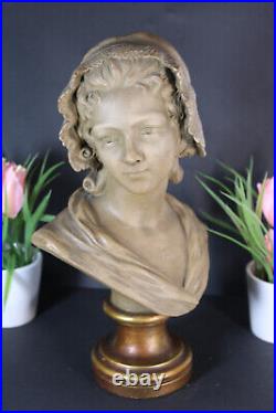 Antique Art deco terracotta Bust girl statue signed Demanet 1930