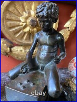 Antique Boy Bronze Statue Sculpture Playing Dice Figure Sign Deocr Rare Old 19th