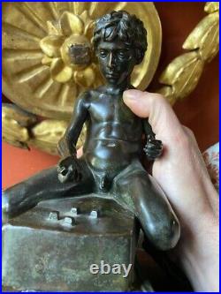 Antique Boy Bronze Statue Sculpture Playing Dice Figure Sign Deocr Rare Old 19th