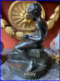 Antique Boy Bronze Statue Sculpture Playing Dice Figure Sign Deocr Rare Old 19th