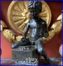 Antique Boy Bronze Statue Sculpture Playing Dice Figure Sign Deocr Rare Old 19th