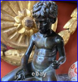 Antique Boy Bronze Statue Sculpture Playing Dice Figure Sign Deocr Rare Old 19th