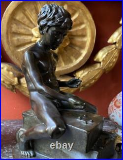 Antique Boy Bronze Statue Sculpture Playing Dice Figure Sign Deocr Rare Old 19th