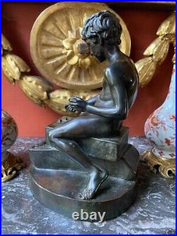 Antique Boy Bronze Statue Sculpture Playing Dice Figure Sign Deocr Rare Old 19th