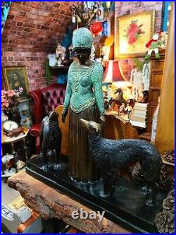 Antique Heavy Art Deco Girl With Two Dogs Friends Forever Sculpture Statue