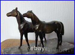 Antique Horses Statue Metal Stone Figurine Pair Decor Art Sculpture Rare Old 20c
