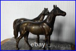 Antique Horses Statue Metal Stone Figurine Pair Decor Art Sculpture Rare Old 20c