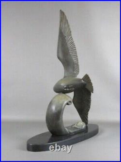 Antique Sculpture Art Déco Statue Seagull Metal Base Marble Signed M. Leducci
