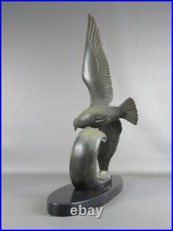 Antique Sculpture Art Déco Statue Seagull Metal Base Marble Signed M. Leducci