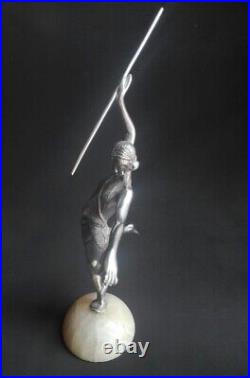 Antique art'deco sculpture lady bronze silver plated & alabaster base 16 inches