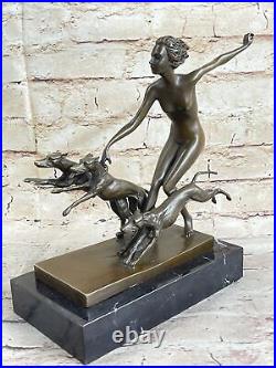 Art Deco 1920 Style Nude Diana the Huntress Dogs Bronze Statue Sculpture LORENZ