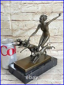 Art Deco 1920 Style Nude Diana the Huntress Dogs Bronze Statue Sculpture LORENZ