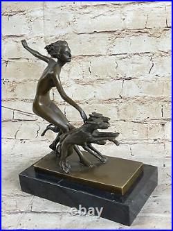 Art Deco 1920 Style Nude Diana the Huntress Dogs Bronze Statue Sculpture LORENZ