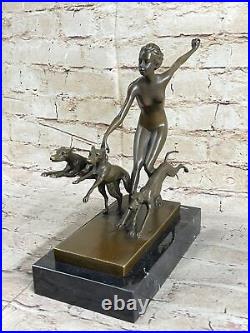 Art Deco 1920 Style Nude Diana the Huntress Dogs Bronze Statue Sculpture LORENZ