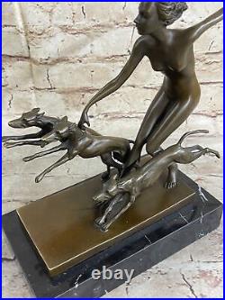 Art Deco 1920 Style Nude Diana the Huntress Dogs Bronze Statue Sculpture LORENZ