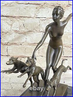 Art Deco 1920 Style Nude Diana the Huntress Dogs Bronze Statue Sculpture LORENZ