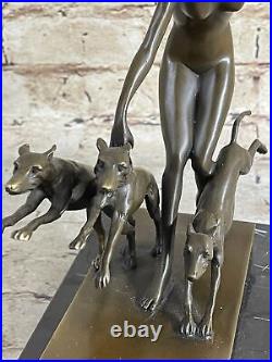 Art Deco 1920 Style Nude Diana the Huntress Dogs Bronze Statue Sculpture LORENZ