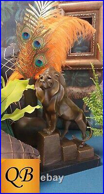 Art Deco Bronze Figurine Sculpture Statue Cubist Proud Lion Hot Cast Cat Figure