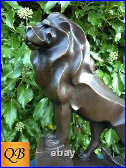 Art Deco Bronze Figurine Sculpture Statue Cubist Proud Lion Hot Cast Cat Figure