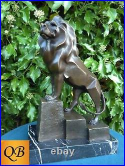 Art Deco Bronze Figurine Sculpture Statue Cubist Proud Lion Hot Cast Cat Figure