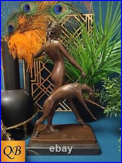 Art Deco Bronze Figurine Sculpture Statue Diana Hound Hot Cast Naked Figure Lp