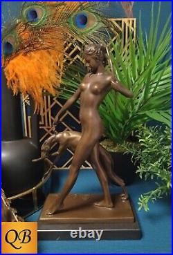 Art Deco Bronze Figurine Sculpture Statue Diana Hound Hot Cast Naked Figure Lp