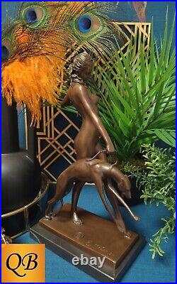 Art Deco Bronze Figurine Sculpture Statue Diana Hound Hot Cast Naked Figure Lp