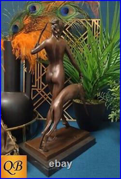 Art Deco Bronze Figurine Sculpture Statue Diana Hound Hot Cast Naked Figure Lp