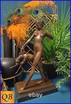 Art Deco Bronze Figurine Sculpture Statue Diana Hound Hot Cast Naked Figure Lp