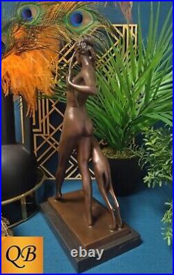 Art Deco Bronze Figurine Sculpture Statue Diana Hound Hot Cast Naked Figure Lp