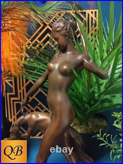 Art Deco Bronze Figurine Sculpture Statue Diana Hound Hot Cast Naked Figure Lp