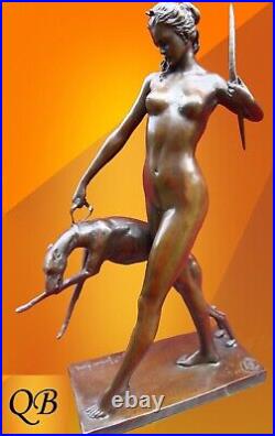 Art Deco Bronze Figurine Sculpture Statue Diana Hound Signed Naked Lady Figure
