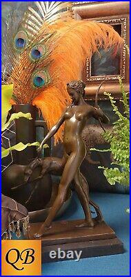 Art Deco Bronze Figurine Sculpture Statue Diana Hound Signed Naked Lady Figure