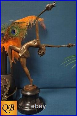 Art Deco Bronze Figurine Sculpture Statue Flame Dancer Lp Hot Cast Lady Figure