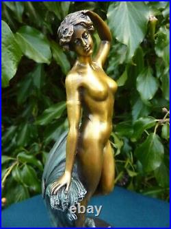 Art Deco Bronze Figurine Sculpture Statue Wave Lady Figure Signed Preiss