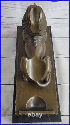 Art Deco Hot Cast Sphinx Egyptian Lion Bronze Sculpture Marble Base Figurine