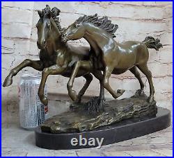 Art Deco Signed Original Two Wild Stallion Horse Bronze Trophy Figurine Statue