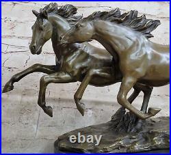 Art Deco Signed Original Two Wild Stallion Horse Bronze Trophy Figurine Statue
