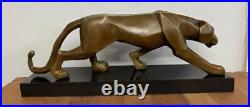 Art Deco Style Bronze Sculpture of a Panther Signed Solid Marble Base 43cm