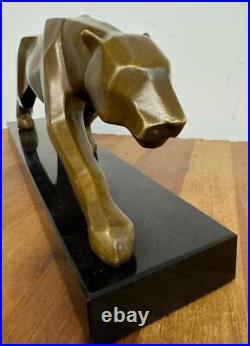 Art Deco Style Bronze Sculpture of a Panther Signed Solid Marble Base 43cm