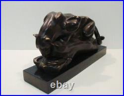 Art Nouveau Style Statue Sculpture Cougar Wildlife Art Deco Style Bronze Signed
