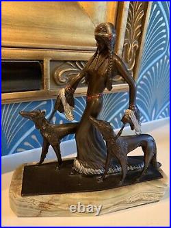 Bronze Art Deco Cold Painted Aristocrats Borzoi Sculpture Statue Green Onyx Base