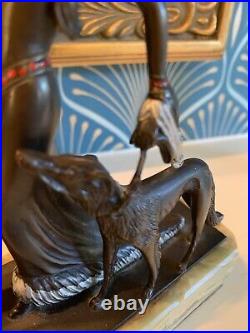 Bronze Art Deco Cold Painted Aristocrats Borzoi Sculpture Statue Green Onyx Base