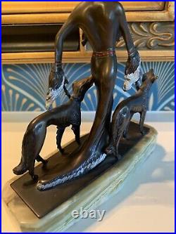 Bronze Art Deco Cold Painted Aristocrats Borzoi Sculpture Statue Green Onyx Base