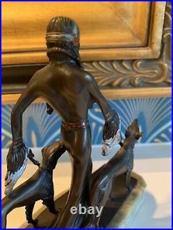 Bronze Art Deco Cold Painted Aristocrats Borzoi Sculpture Statue Green Onyx Base