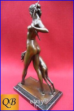 Bronze Figurine Art Deco Sculpture Statue Diana Hound Signed Naked Lady Figure